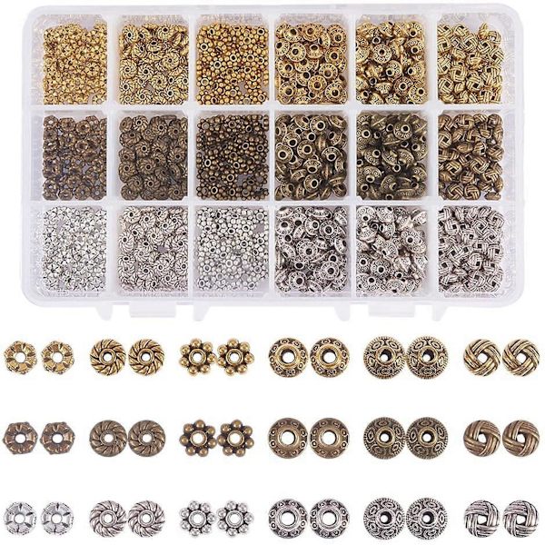 900 st 6 Stilar Antik Silver Brons Distanspärlor Växel Bicone Blomma Metall Smycken Pärlor Distanser för Armband Halsband Tillverkning Tillbehör (Antik Silver)