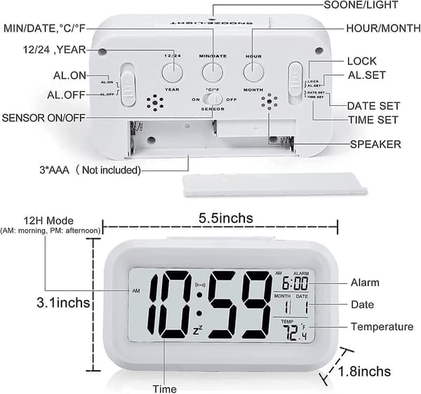 Digital väckarklocka morgon, tyst batteridriven stor LED-display temperaturkalender (vit)