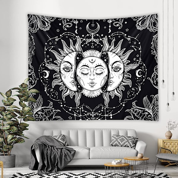 Måne og Sol Vægtæppe Naturlig Vægdekoration Soveværelsesindretning Boho Stil (sort og hvid, 150x200cm)