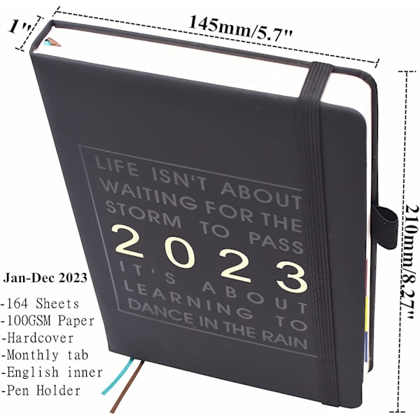 A5 2023 Kalender Ugevis Oversigt Fra Jan Til Dec 2023, Ugentlig Kalender Med Tid, Produktivitets Daglig Planlægger Med Månedlige Faner, Syrefrit Papir 100gsm, Hardcover,