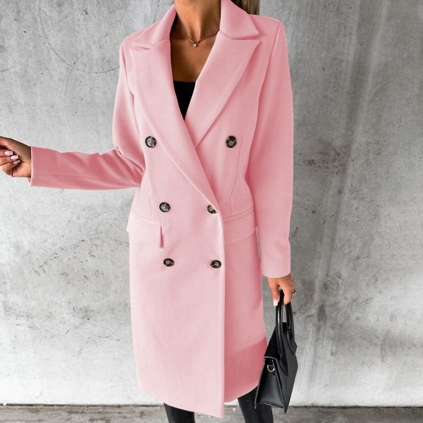 Varm vinterkappa för kvinnor med dubbelknäppning och fickdesign för kvinnors vinterkläder L Pink