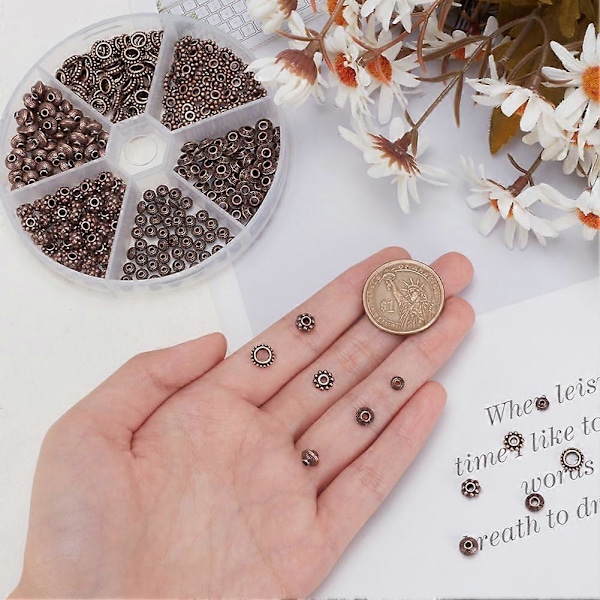 300 st Tibetanska Distanspärlor 6 Stilar Röd Koppar Distanspärlor Legeringspärla Bicone Donut Rondelle Distanshållare Smycken Lösa Pärlor Metallhantverkspärlor för Armband
