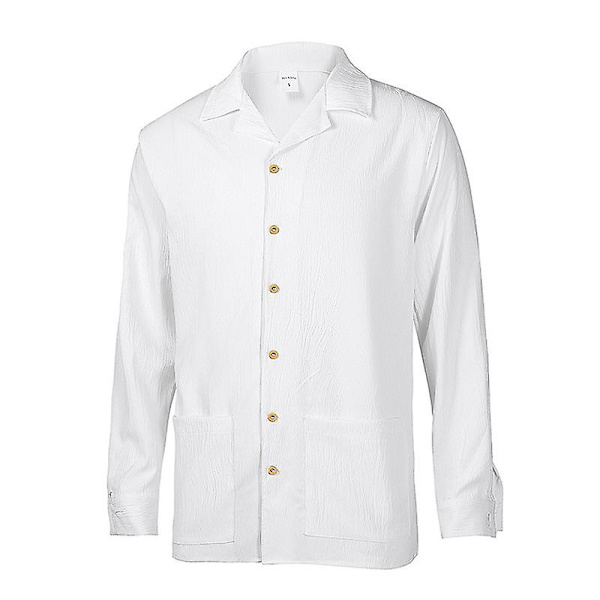 Herre fritidsskjorte langermet lapell krage strandskjorte topp White XL