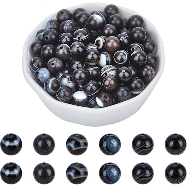 Ca. 94 stk. 8mm Natursteinperler Naturlig Stripet Agat Runde Perler Grad A Edelsten Løse Perler for Armbånd Halskjede Smykkefremstilling (Hull: 1mm)