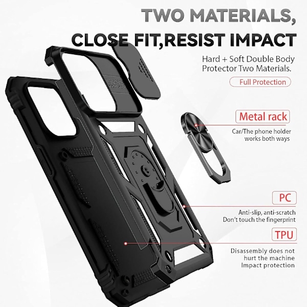 Armor-kotelo iPhone-jalustalle, jossa liukukameran suojus ja jalusta, sotilastason kestävä suojaus magneettipidikkeellä iPhone12PRO MAX -puhelimelle (musta)