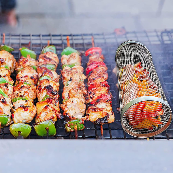 Bbq Rullende Grillkurv, Grillkurv i Rustfritt Stål med Trådnett, Bærbart Utendørs Campingkokekar for Grønnsaker