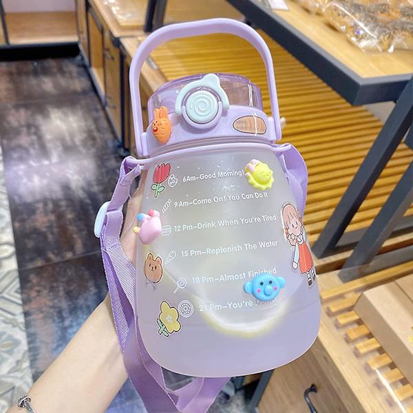 Vandflaske, 1,3l Stor Kapacitet Big Belly Vandflasker Med 3d Kawaii Sticker & Tidsmarkør & Bærbar Rem