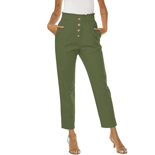 Dame Rynket Høy Midje Casual Bukser Elastiske Bukser Green XL