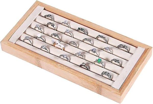 Ringhållare i bambu, ringdisplayställ, smyckesorganisationsställ för ringar örhängen säljer beige