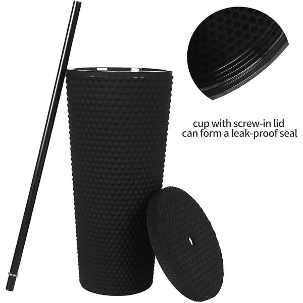 24oz Studded Matte Black Tumbler, Återanvändbar Plastmugg, Med Lock Och Sugrör, Studded Double Venti Cup, Vattenflaska, 100% Bpa-fri, Isolerad Endast Kallt,