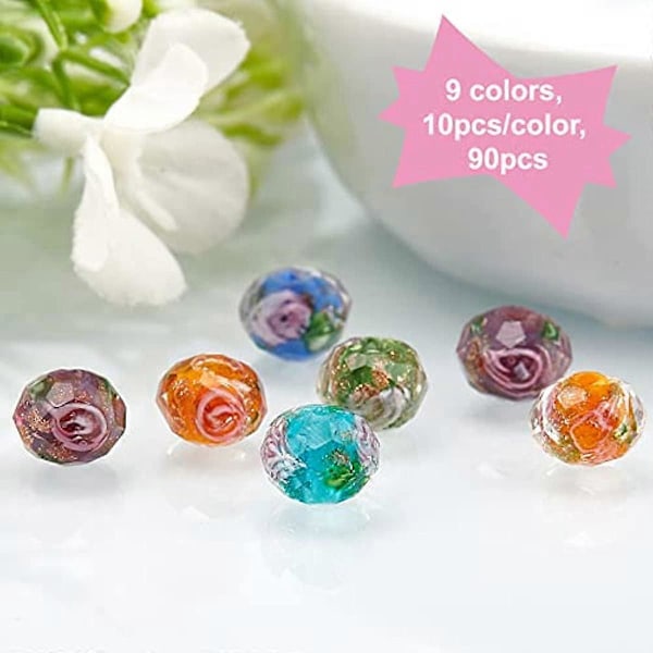 90 stk. Gullsand Lampwork Perler Tråder Håndlagde Indre Blomsterperler Fasetterte Rondelle Perler for Smykkefremstilling 8x6mm Blandet Farge