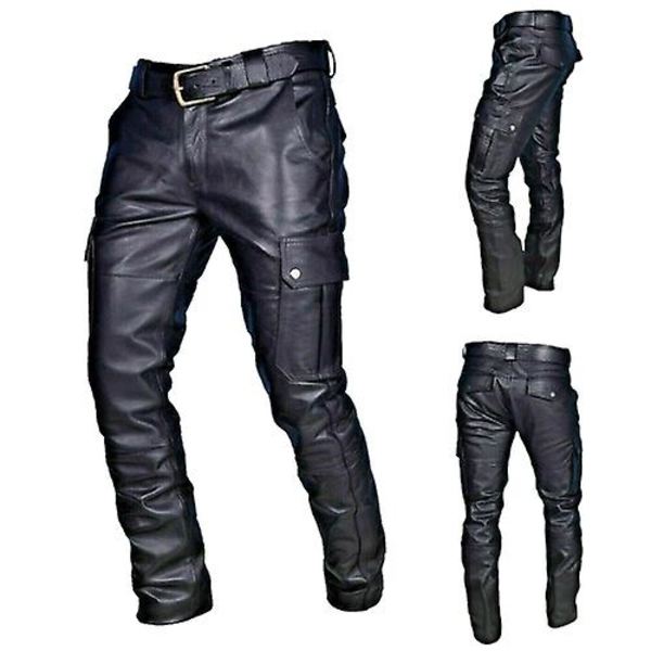 Miesten tekonahkaiset kapeat slim fit suorat lahkeet metallinhohtoiset biker-housut Black M