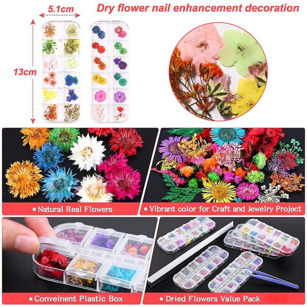 2 Esker Negletørkede Blomster, Neglekunstdekor Manikyrdekor Blandede Tørkede Blomster style2