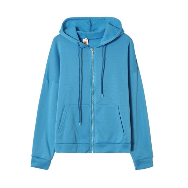 Front Zipper Hoodies Tröja Med Fickor Solid Färg Höst Casual Lös Ytterkläder XL Sky Blue