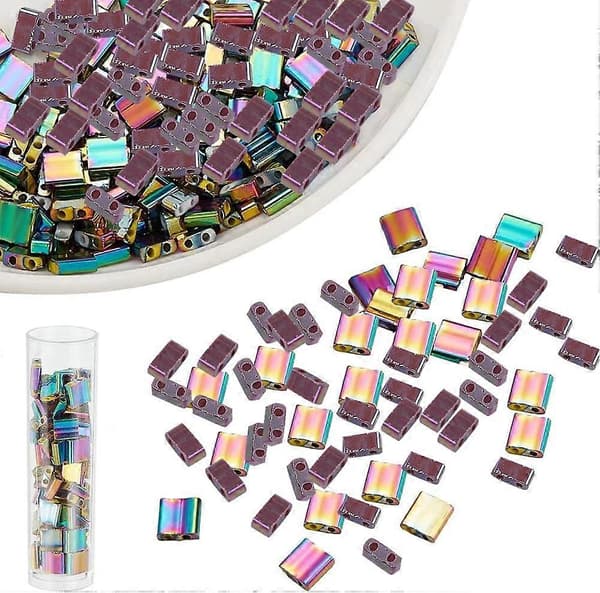 Cirka 336 st Tilapärlor Halva Tilapärlor 5x5mm/5x2mm 2-håls Glasfröpärlor Regnbåge Rektangulära Mini Pärlor Japanska Glaspärlor för Armband Halsband E