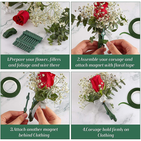 Blomster Boutonniere Magneter Corsage Broscher Magnet Och 1/2 Tum X 30 Yards Grön Blomsteromslag Tejp För Handgjorda Bröllop Brud Boutonnieres, Bukett