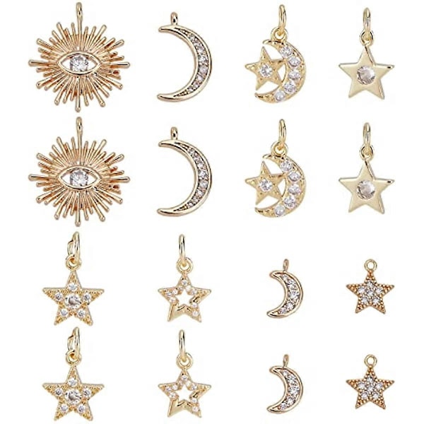 16 st 8-stilar Mässing Micro Pave Kubisk Zirkonia Berlocker Rhinestone Kristall Måne Stjärnberlocker Planet Stjärniga Berlocker Hängande Berlocker för Armband Halsband E
