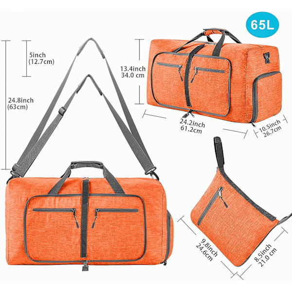 Reise-Dufflebag for menn, 65l sammenleggbar reise-duffelbag med sko-rom nattpose for menn kvinner vanntett og rivebestandig orange