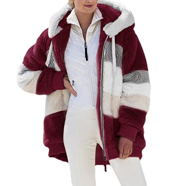 Vinter Casual Kappa För Kvinnor Med Huva Färgblock Patchwork Kappa För Middagsbjudningar 3XL Wine Red