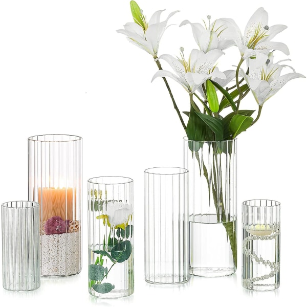 Vaser med räfflad glascylinder set om 6, hög klar vas för mittstycken, orkanljushållare för pelare eller flytande ljus, runda vaser