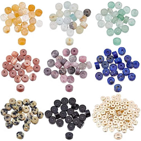 Cirka 260 st Heishi-pärlor Set 160 st 8 Stilar Naturliga Ädelstenspärlor Platta Runda Lösa Pärlor Heishi-skivpärlor med 100 st Gyllene Distanspärlor för