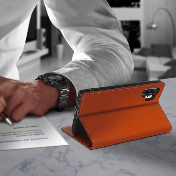 Folio Ægte Læder Galaxy Note 10 Plus Etui Kortholder Video Stand Rød Light Brown