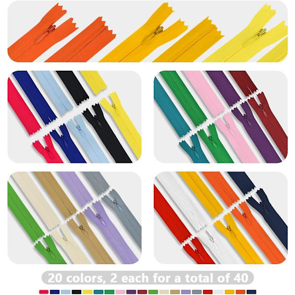 40 stk. 56 cm Nylon Usynlige Glidelåser, Sy Glidelåser i Bulk i 20 Farger For Skreddersøm, Håndverk, Kjoler, Skjørt, Bukser Og DIY Håndverksprosjekter