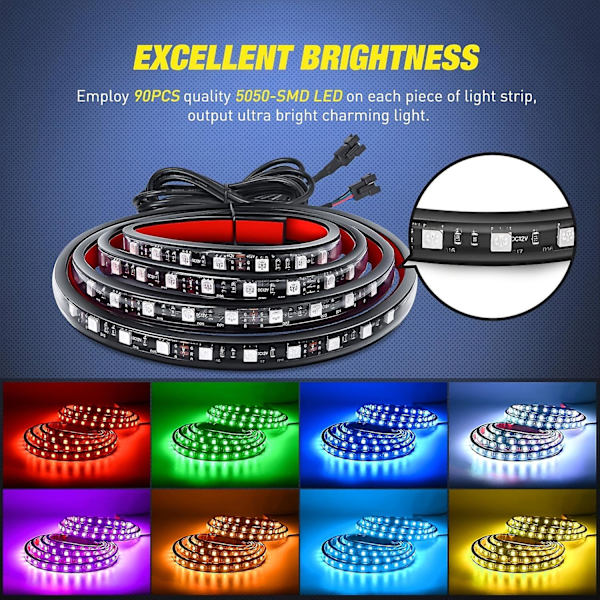 2 st 60' RGB Lastbilsflak LED-ljusslinga Kit, IP65 Vattentät 12V RGB LED-ljusslingor Trådlös Fjärrkontroll Färgskiftande