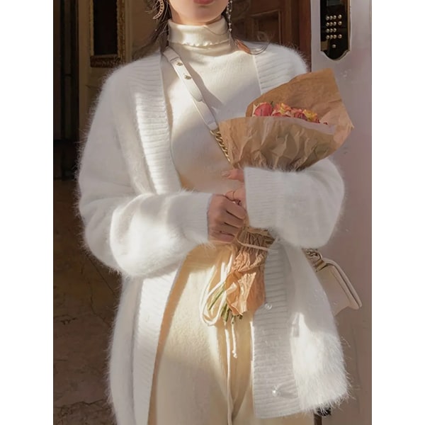 Ensfarvet cardigan med V-udskæring, elegant langærmet cardigan til efterår og vinter, dametøj white L