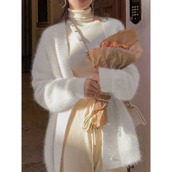 Solid V-halsad kofta, elegant långärmad kofta för höst och vinter, damkläder white 2XL