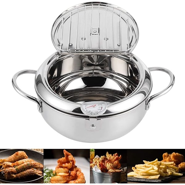 Friteuse Panne Japansk Tempura Liten Frityrkoker Stekepanne med Termometerlokk og Oljeavløpsstativ for Pommes Frites (Stor størrelse 24cm)