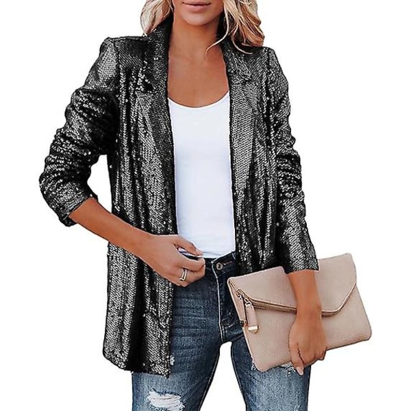 Kvinders Sequinjakke, Glitter Sparkle Casual Langærmet Blazer Frakke Black XL