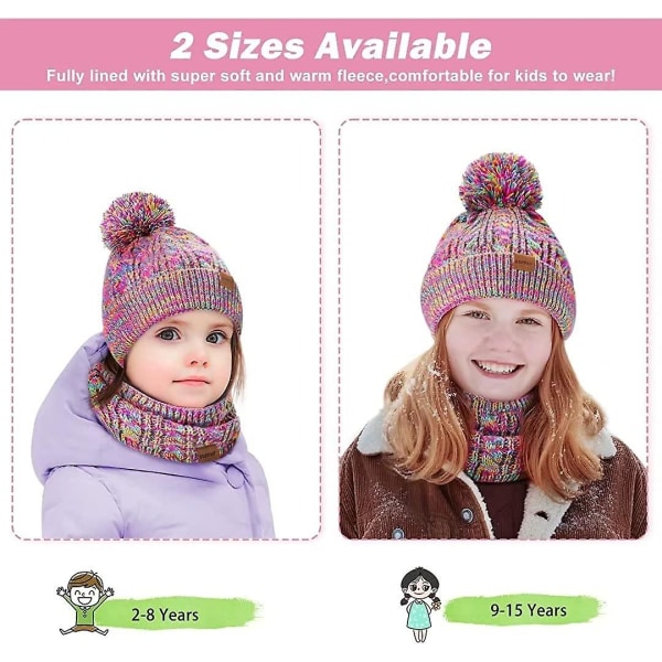 Vinterhue, handsker og halstørklæde sæt til børn, piger småbørn børnehuer beanie med pompon strikket halsvarmer gaiter vanter fleeceforet sæt