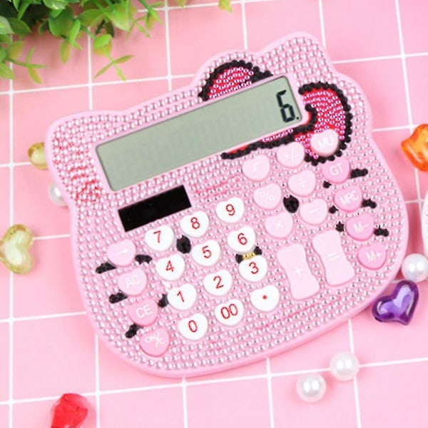 Söt tecknad strass solkalkylator skolmaterial White and Pink Rhinestone