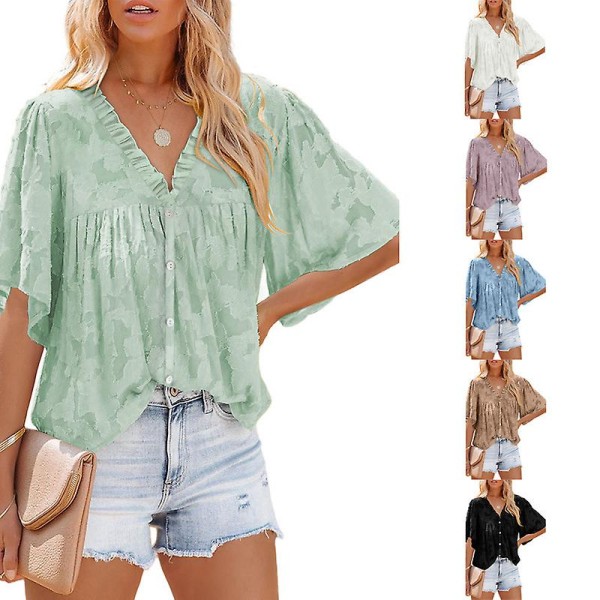 Kvinners V-hals Chiffon Trykte V-hals Avslappede Bluse Skjorte Topper Green M