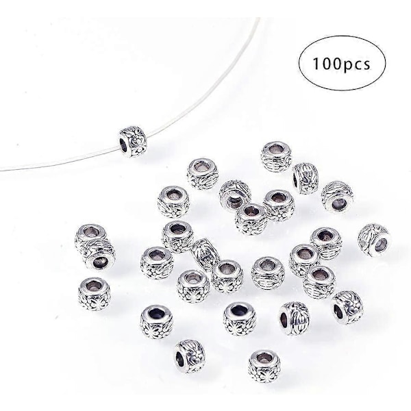 100 st stora hål distanspärlor Tibetansk legering Antik silver Europeiska Rondelle distanspärlor för armband halsband DIY smyckestillverkning 8 mm hål: 3,5 mm