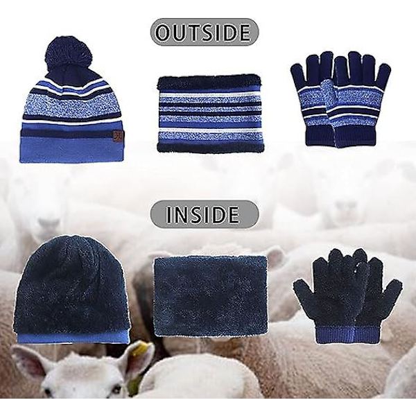 Sztxj (grønn) 3 i 1 Varm Lueskjerf Hanskesett for Barn Vinter Tykk Strikket Fleece Pompom Luer med Halsvarmer Skjerf Hansker Gutter Jenter 3-8 År
