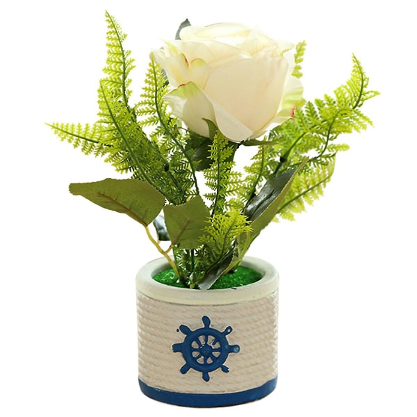 Fake Flower Simulering Rose Liten Bonsai konstgjord växt Krukdekoration Siden Blomma Grön växt white