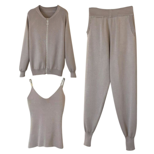 2021 vår outfit dammode tredelad kostym väst stickad kappa elastisk M Khaki