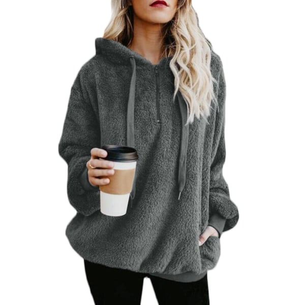 Mjuk och fluffig sweatshirt för kvinnor, höst och vinter, varm dragkedja upp huvtröja pullover med L Dark Grey