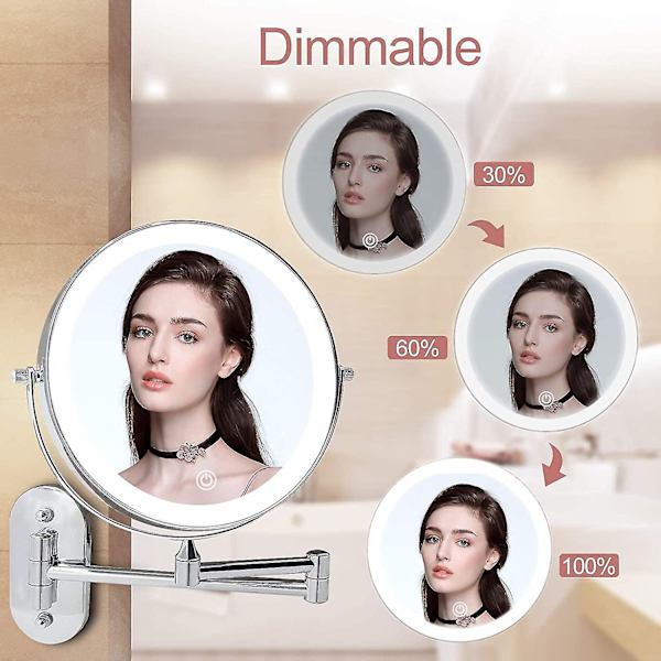 Genopladeligt makeup-spejl med lys til vægmontering, udtrækkeligt dobbeltsidet forstørrelsesspejl med 10x forstørrelse, 8 tommer LED-forstørrelsesspejl med 3 farver Chrome