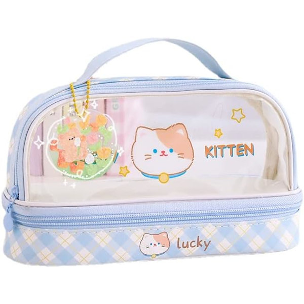 Penneetui med stor kapacitet Kawaii 2 rum pose penalhus japansk kanvas kontorartikler penholder æstetisk blå
