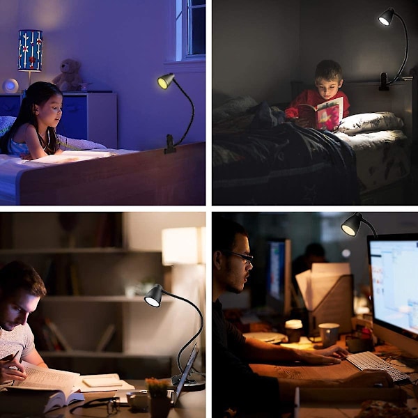 14 LED Klemmeskrivebordslampe, 3 Farver, 5 Justerbare Lysstyrker, USB Sengelampe med Klemme, Øjenbeskyttelse 360 Fleksibel Læselampe til Studier og Arbejde