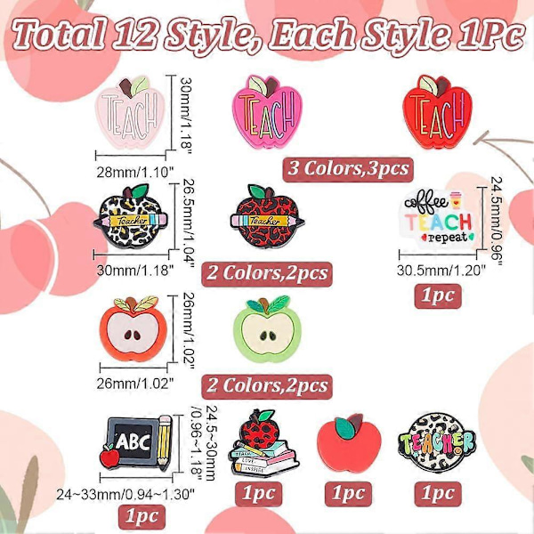 12 stk. 12 stiler Apple Silikon Focal Beads Fargerike Flate Teach Silikon Gummiperler Løse Spacerperler for Perlepenn Kaychain Halskjeder Smykker Mak