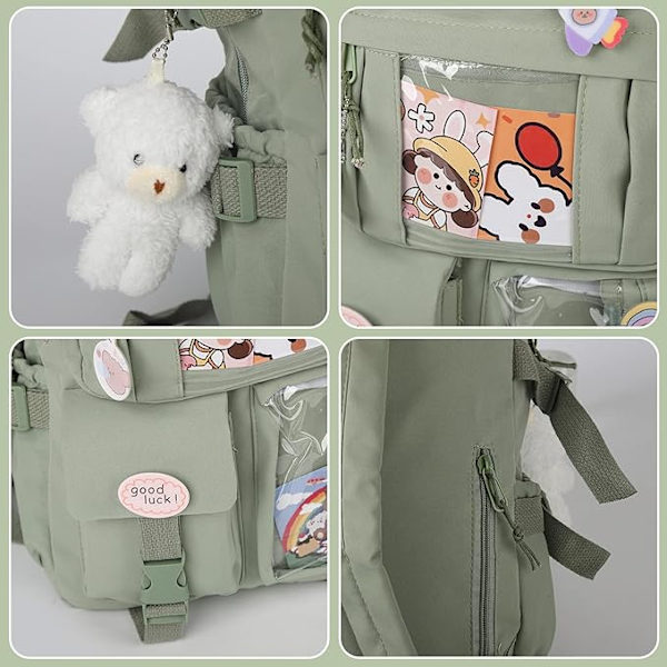 Kawaii ryggsäck, Kawaii ryggsäck med Kawaii stift och tillbehör, Kawaii ryggsäck för flickor studenter, söt estetisk reseryggsäck grön