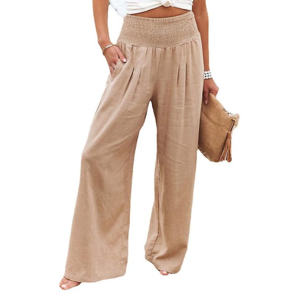 Kvinnors linne boho vida ben hög midja casual byxor byxor Khaki S