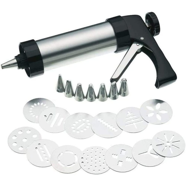 Cookie Press Gun Kit, rostfritt stål kakdekorationstillbehör, 8 glasyrmunstycken och 13 molds för dekoration av kexkakor
