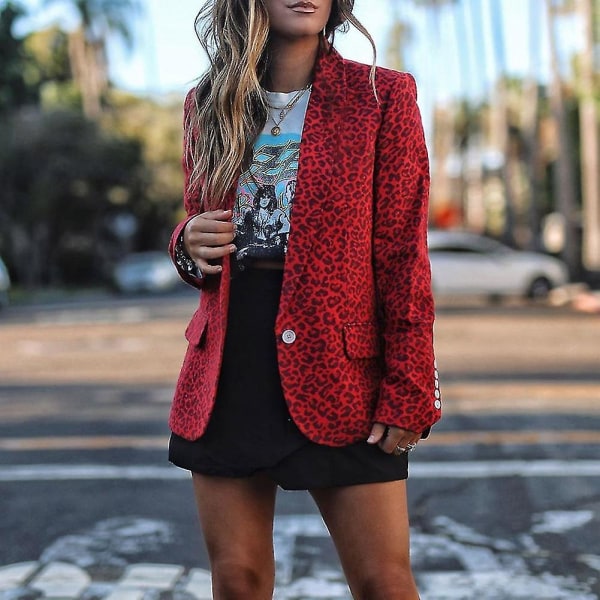 Dame Leopard Print Blazer Langærmet Arbejde Kontor Dame Slim Yderbeklædning Frakke Ny M A