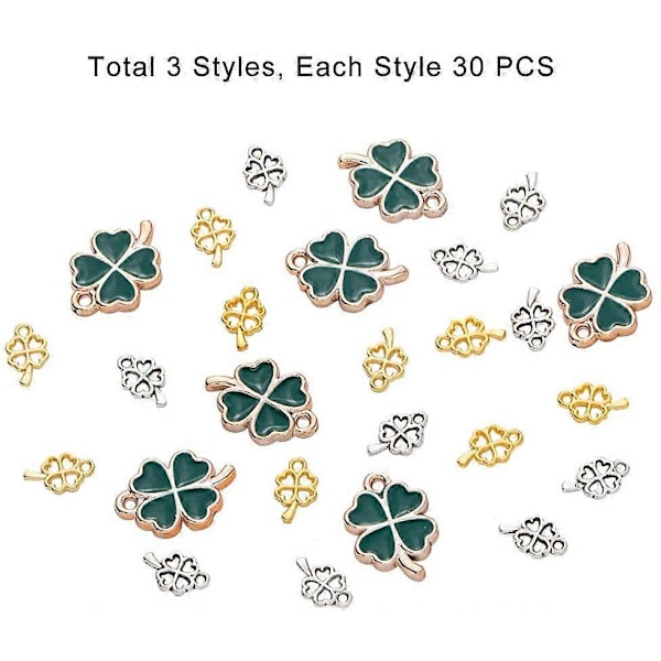 90 st Klöver Hänge Berlock Set 30 st Plast Emalj Gröna Hängen med 60 st 2-Färgs Legering Fyrklöver Berlocker för Halsband Armband Smyckestillverkning
