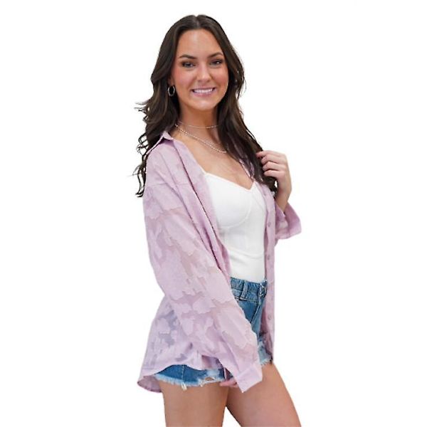 Kvinnors Chiffon Blus Solid Färg Långärmad Knapp Toppar White S